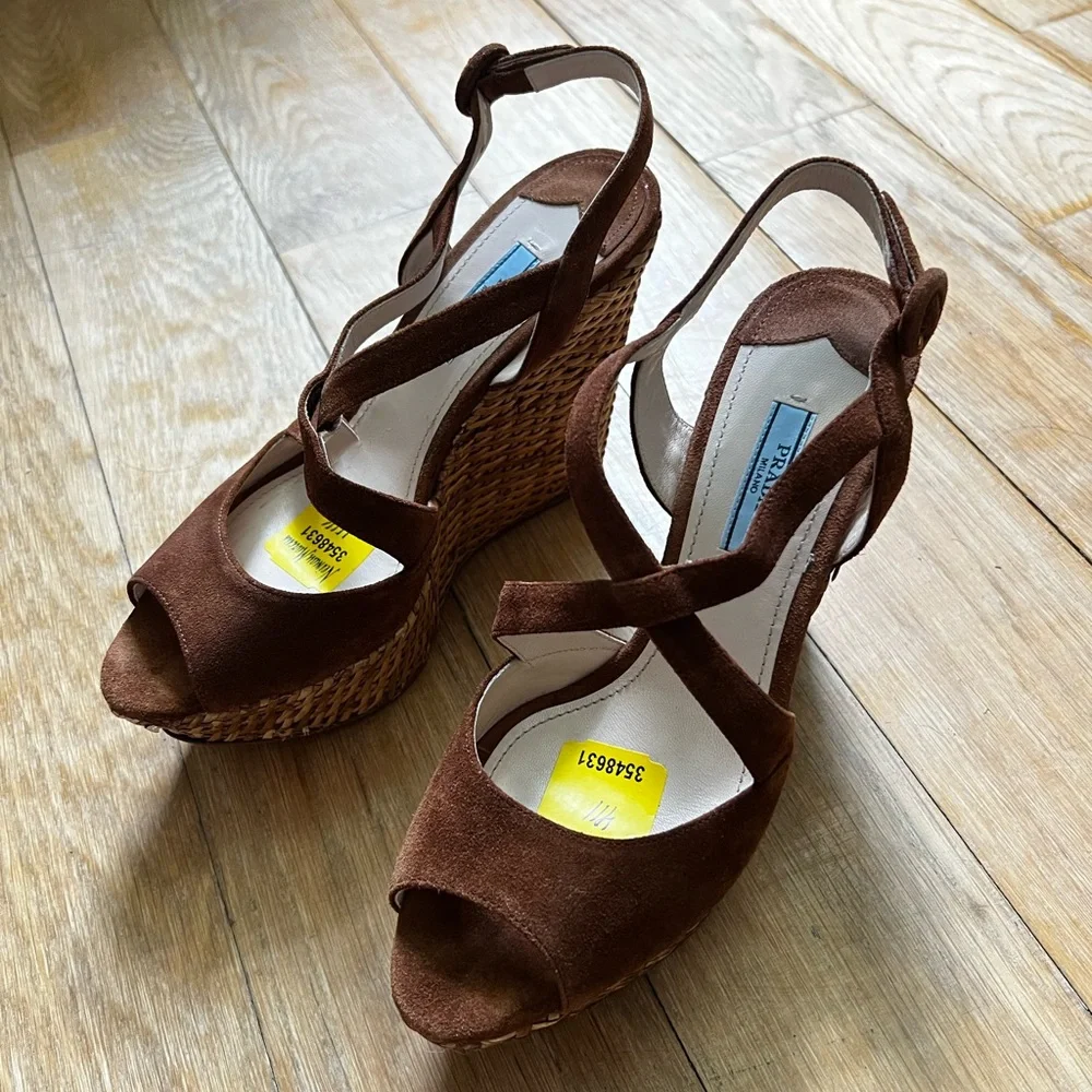 Prada Suede‎ Woven Wicker Wedge Sandals